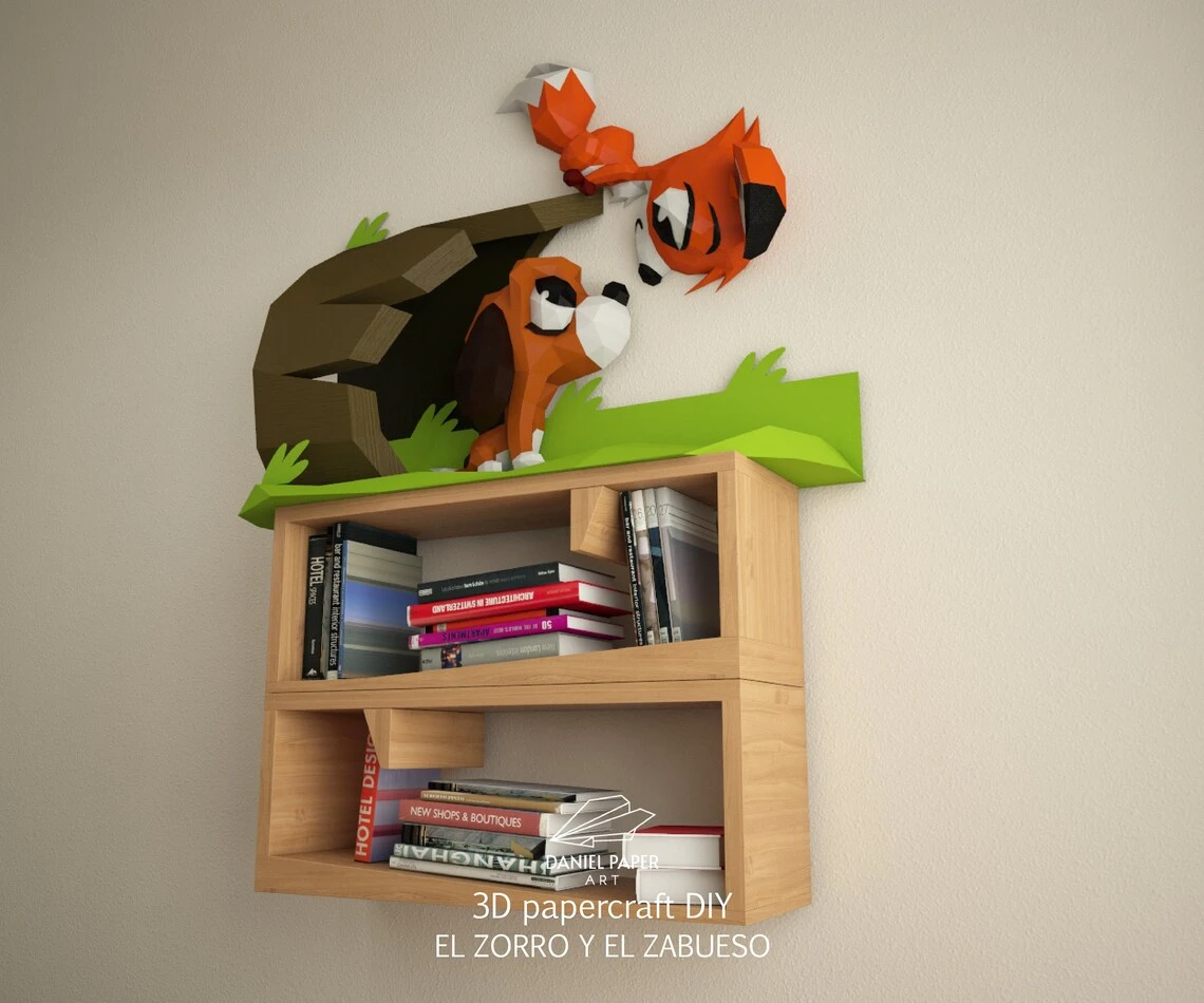 The Fox and the Hound PDF Template, DIY 3d Model, FanArt, Paper Sculpture, Low Poly, Pepakura, Craft, Manualidad, Paper Art