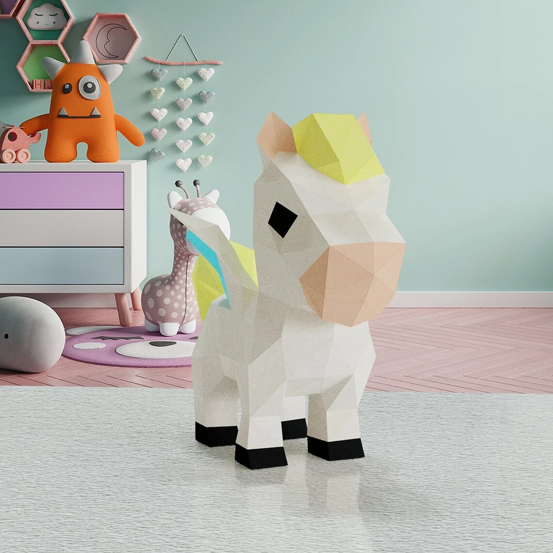 3D Low Poly Pony DIY | Pony with Wings Printable Papercraft | Unique Geometric Decoration | Original Gift | Relaxing Craft | PDF model