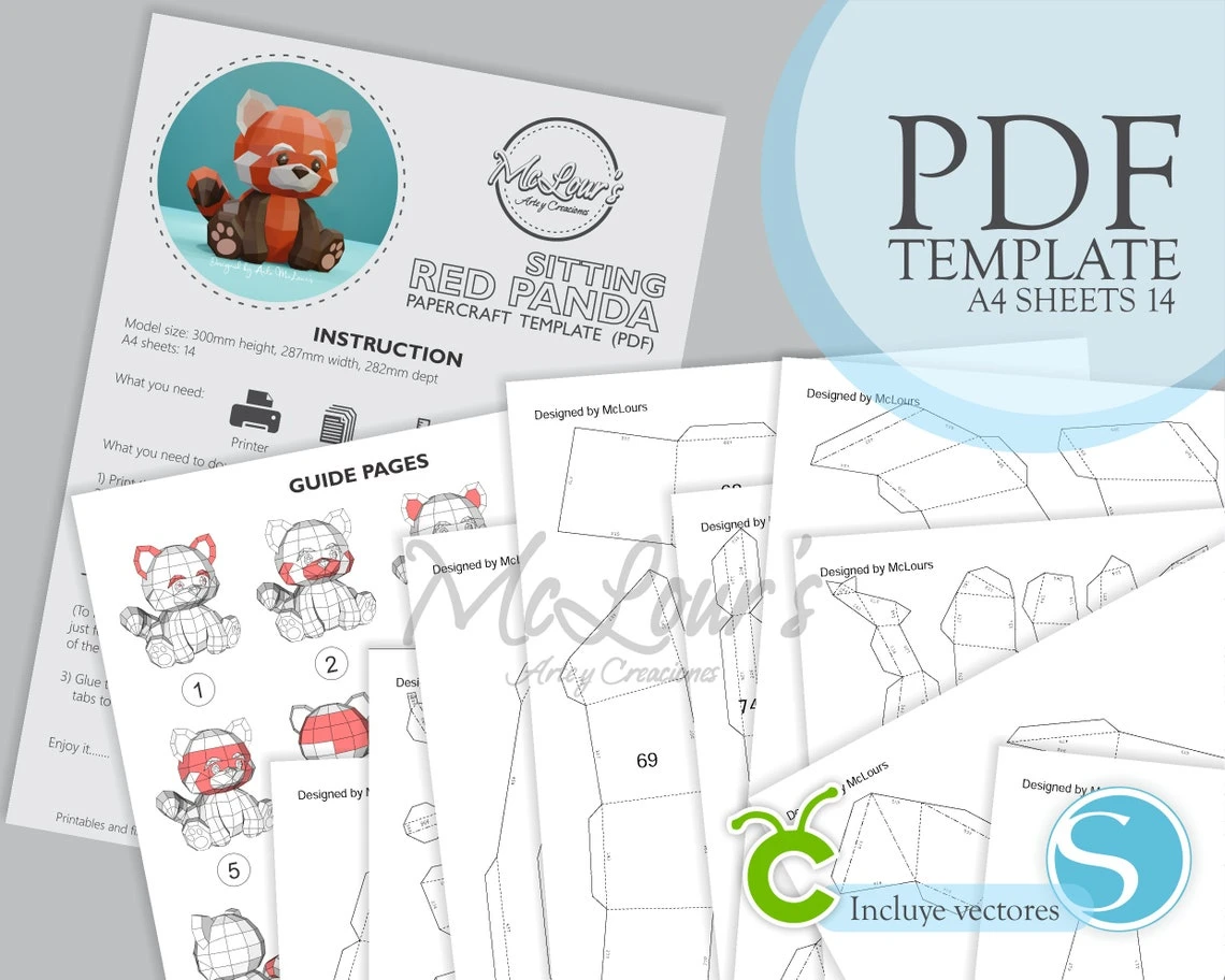 Sitting Red Panda/ DiY Craft/ Template PDF/ Low Poly/ Papercraft/ 3D Panda Red/ Origami/ Home decor