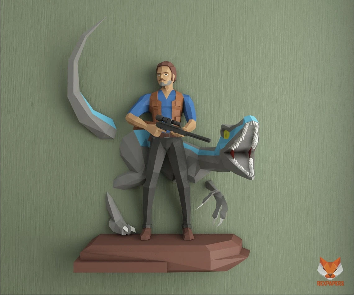 Owen Grady and Raptor, Jurassic World Papercraft, PDF Template, DIY 3d Model, FanArt, Paper Sculpture, Low Poly, Pepakura Craft, Manualidad