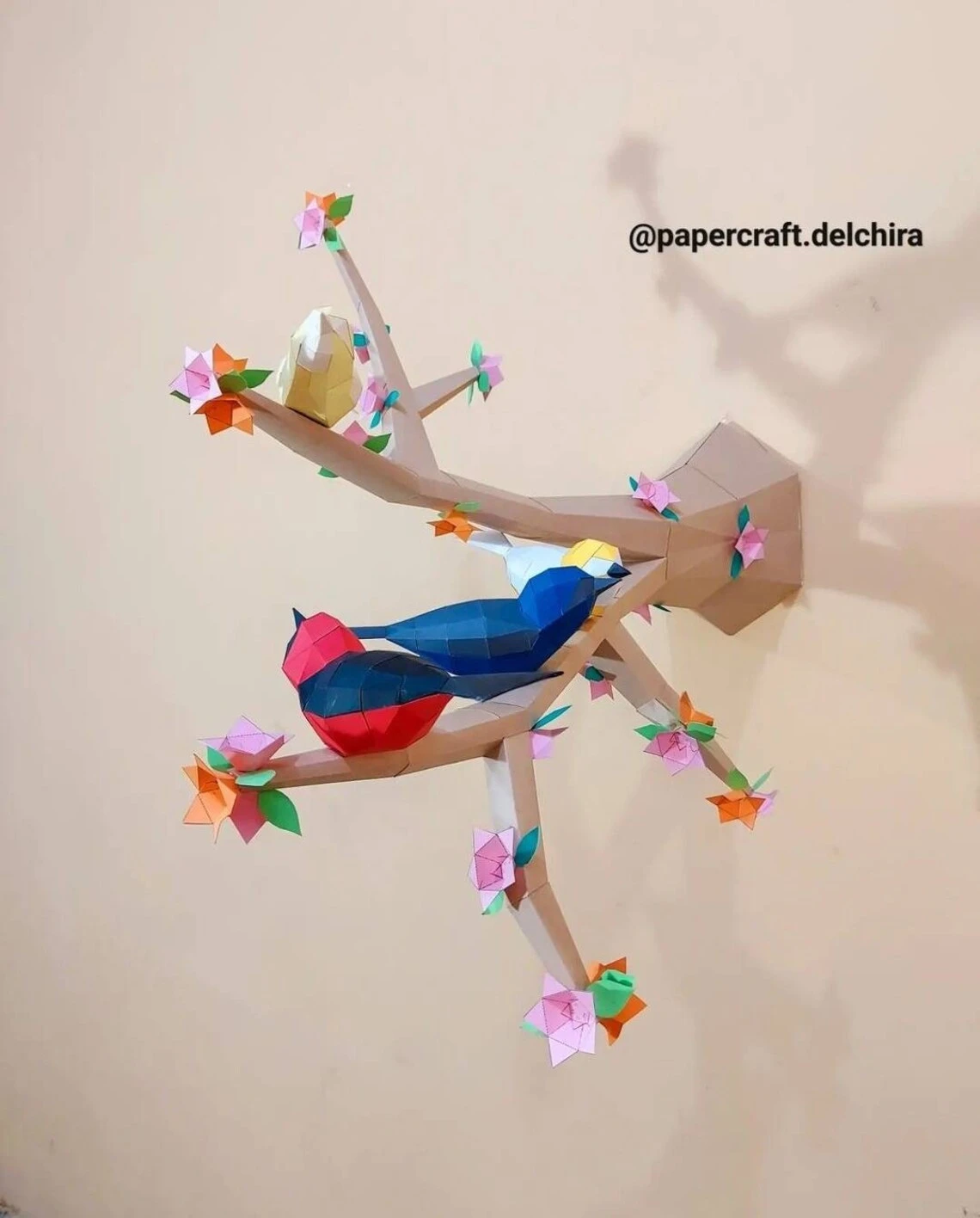 Bird Perched on Flower Tree Low Poly, Papercraft, PDF template, Paper model, Sculpture, 3D puzzle, Polygonal model, Lowpoly