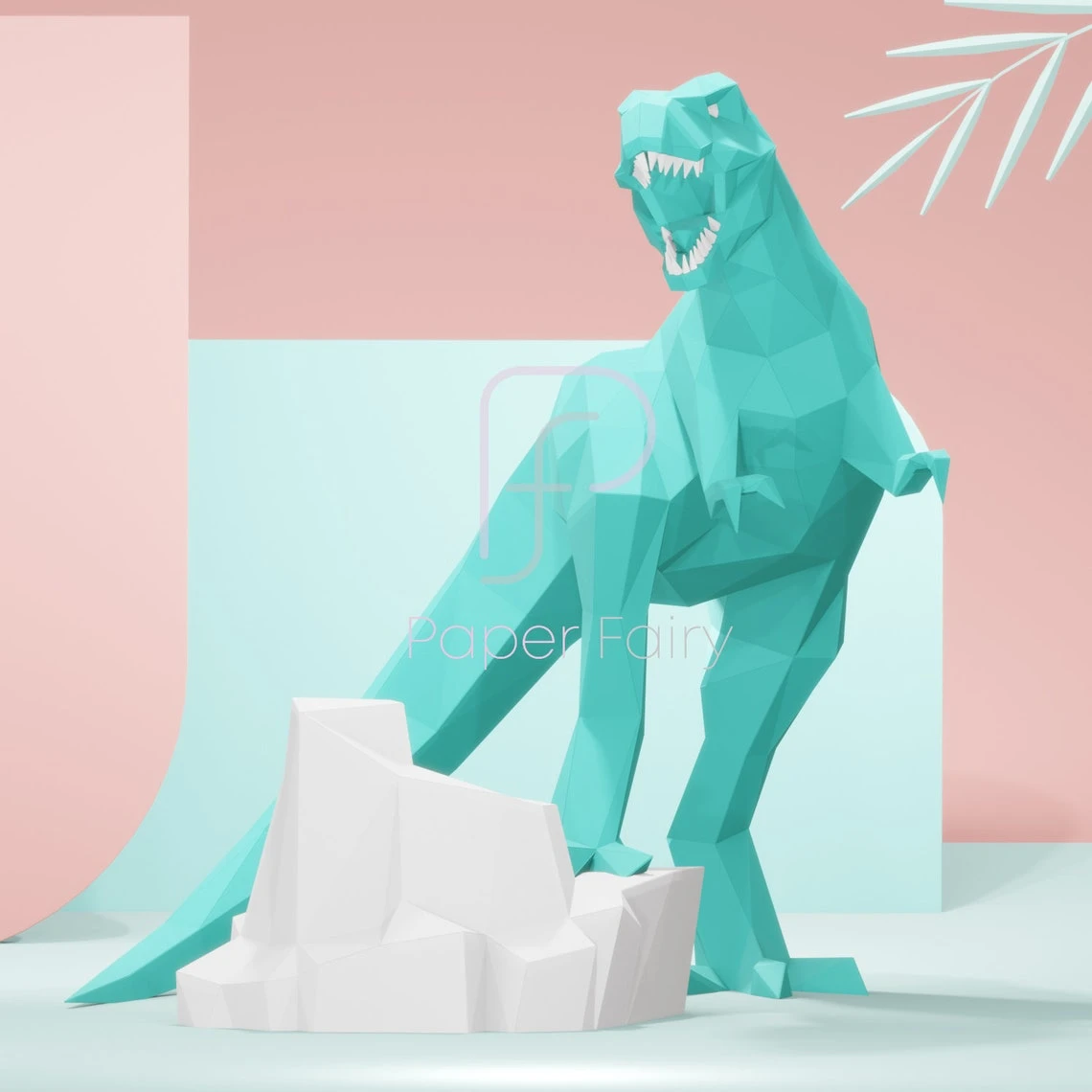 Low poly T Rex with the rock 3d papercraft sculpture,Tyrannosaurus Dinosaur 3D paper model, modern art statue decor, faceted geometric sculpture forms