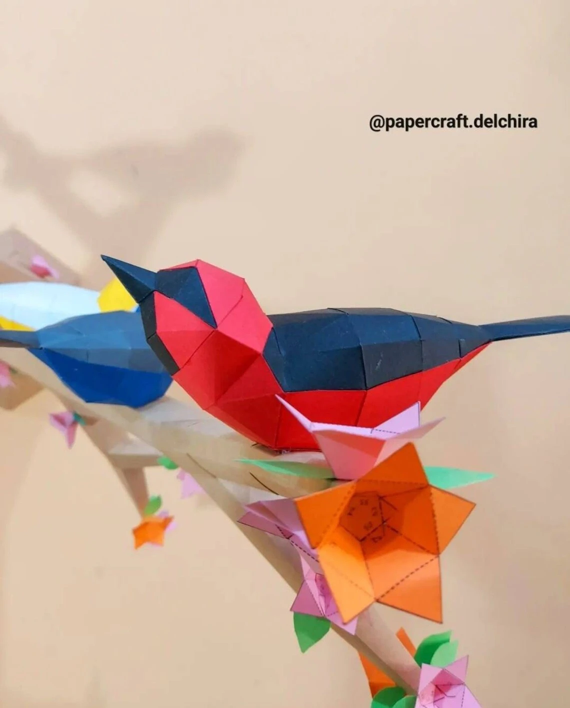 Bird Perched on Flower Tree Low Poly, Papercraft, PDF template, Paper model, Sculpture, 3D puzzle, Polygonal model, Lowpoly