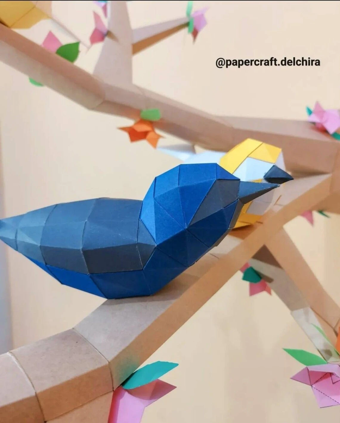 Bird Perched on Flower Tree Low Poly, Papercraft, PDF template, Paper model, Sculpture, 3D puzzle, Polygonal model, Lowpoly