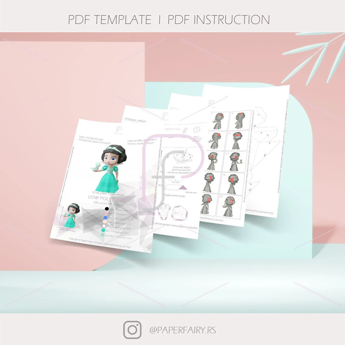 Low poly Snow White and Seven Dwarfs Snow White Chibi doll holding bird 3d papercraft sculpture,2 designs included ,Princess Doll 3D paper model