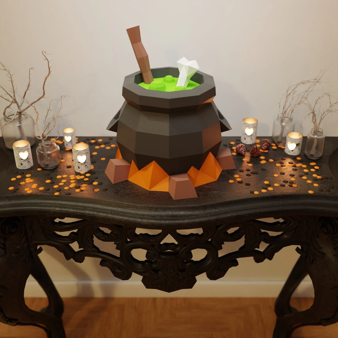 Witch's Cauldron Papercraft 3D DIY low poly paper crafts Halloween decor template