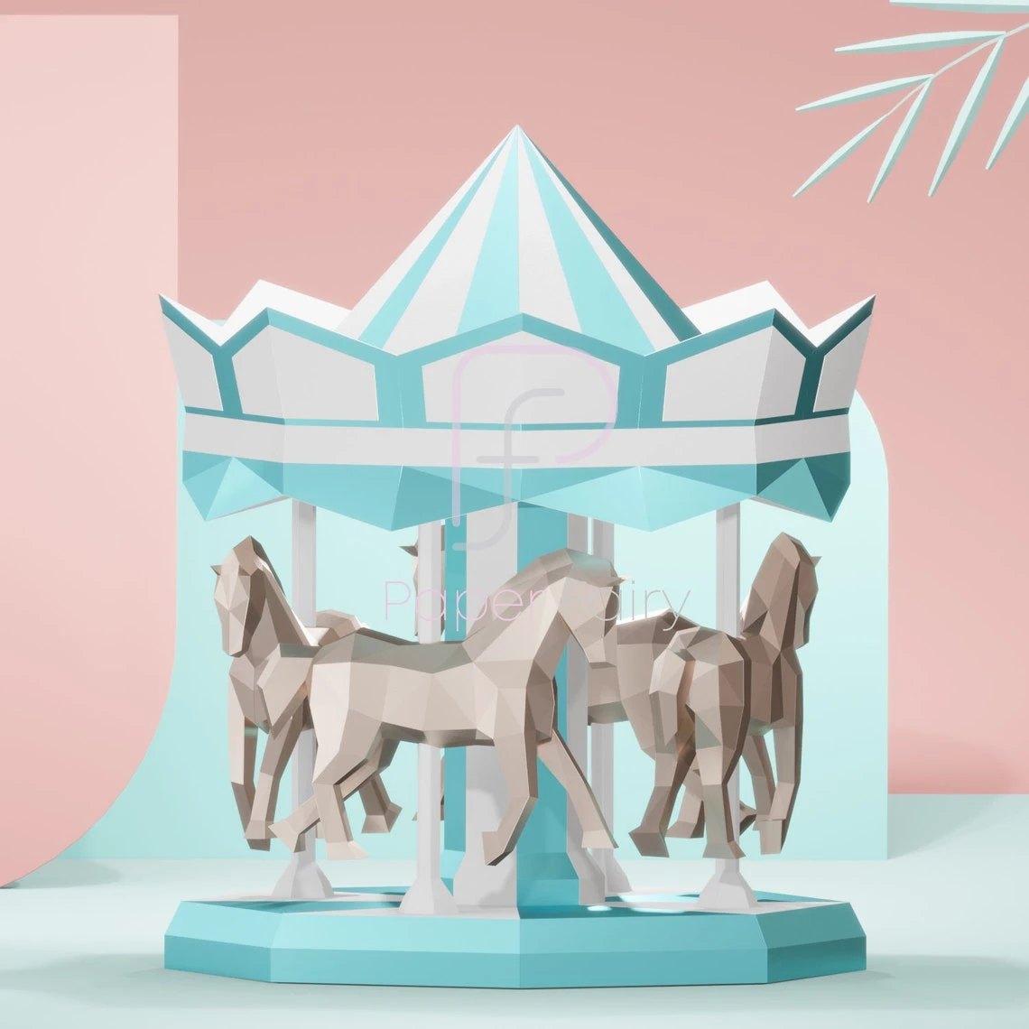 Carousel with horses papercraft,2 designs 3d sculpture,3D low poly modern paper art model statue decor