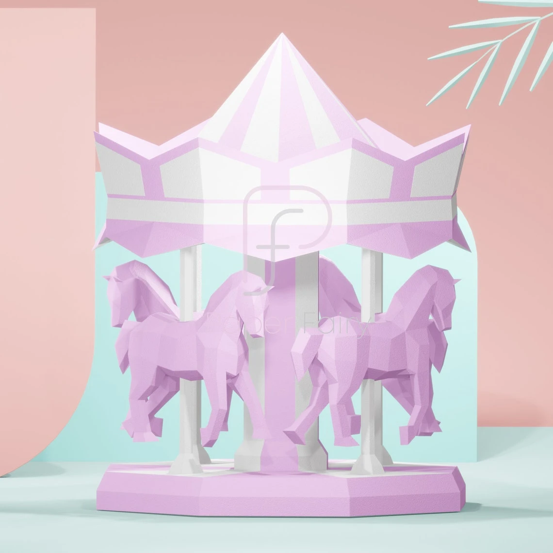 Carousel with horses papercraft,2 designs 3d sculpture,3D low poly modern paper art model statue decor