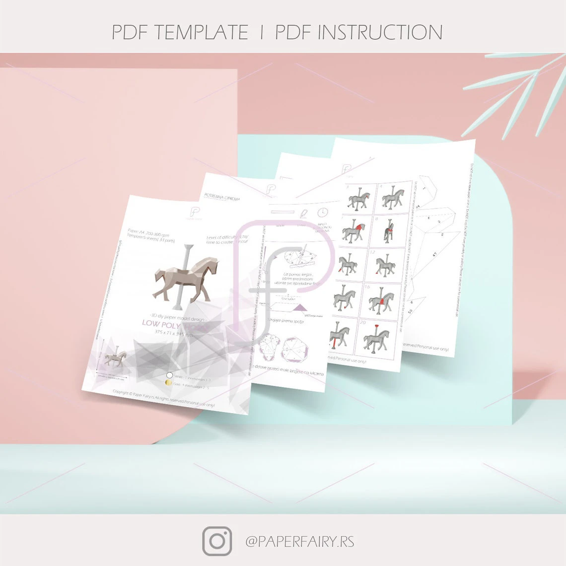 Carousel with horses papercraft,2 designs 3d sculpture,3D low poly modern paper art model statue decor