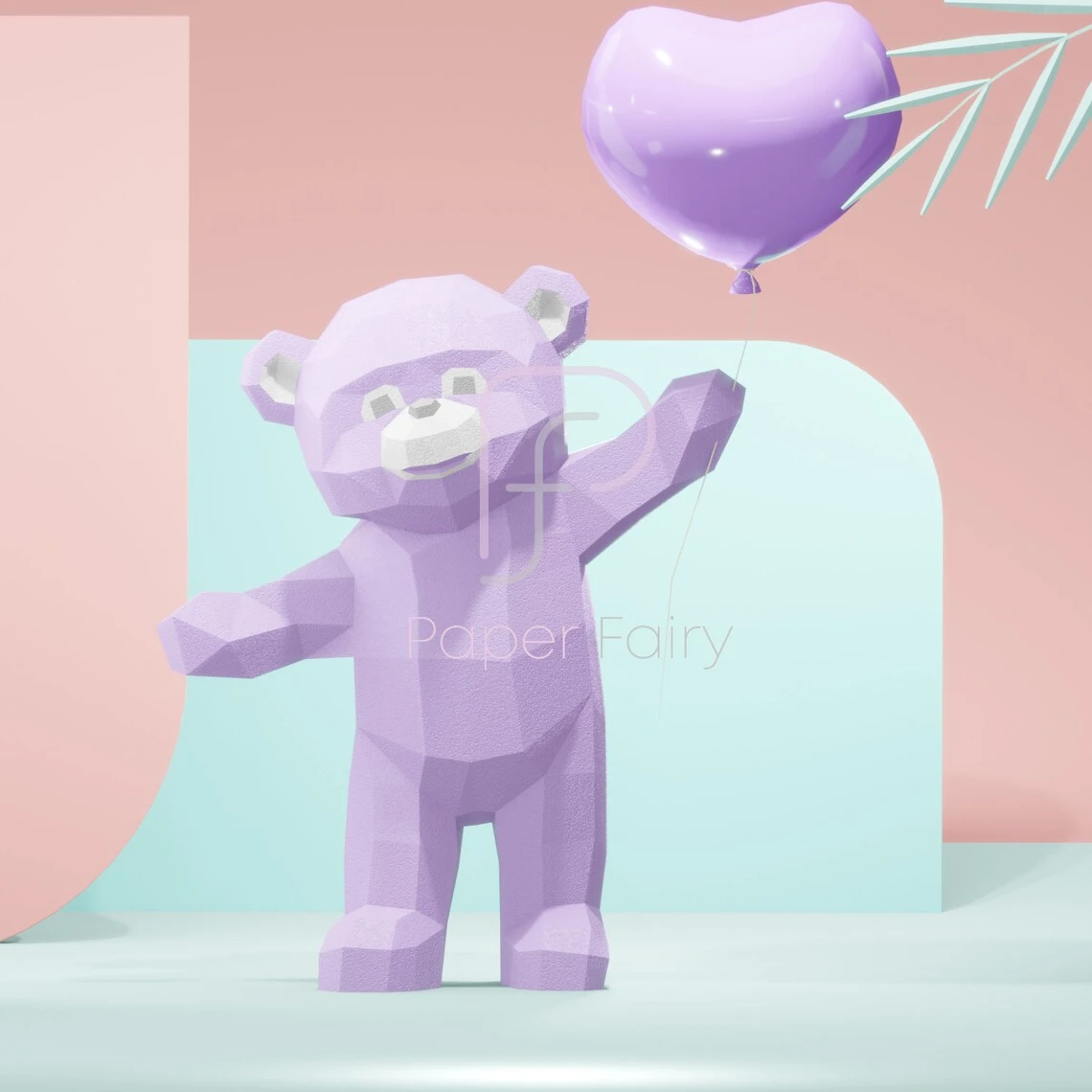 3D Polygonal Teddy Bear Papercraft Template.DIY Low Poly Pink Bear Digital Download