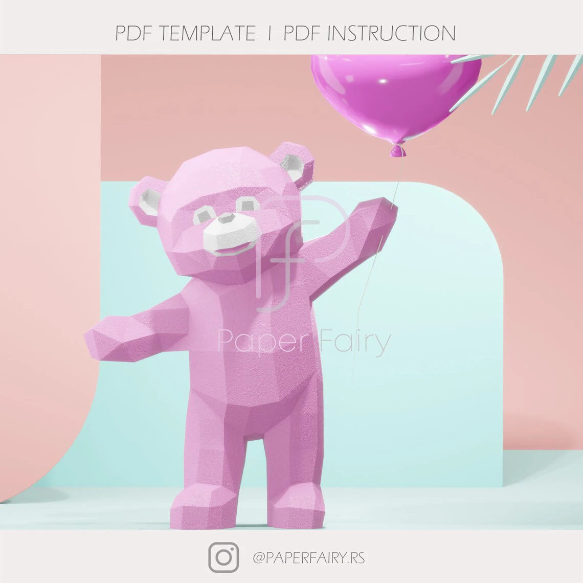 3D Polygonal Teddy Bear Papercraft Template.DIY Low Poly Pink Bear Digital Download