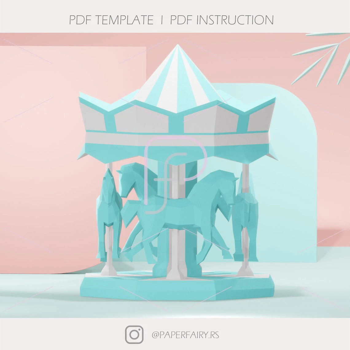 Carousel with horses papercraft,2 designs 3d sculpture,3D low poly modern paper art model statue decor