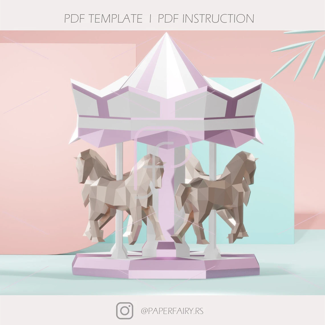 Carousel with horses papercraft,2 designs 3d sculpture,3D low poly modern paper art model statue decor