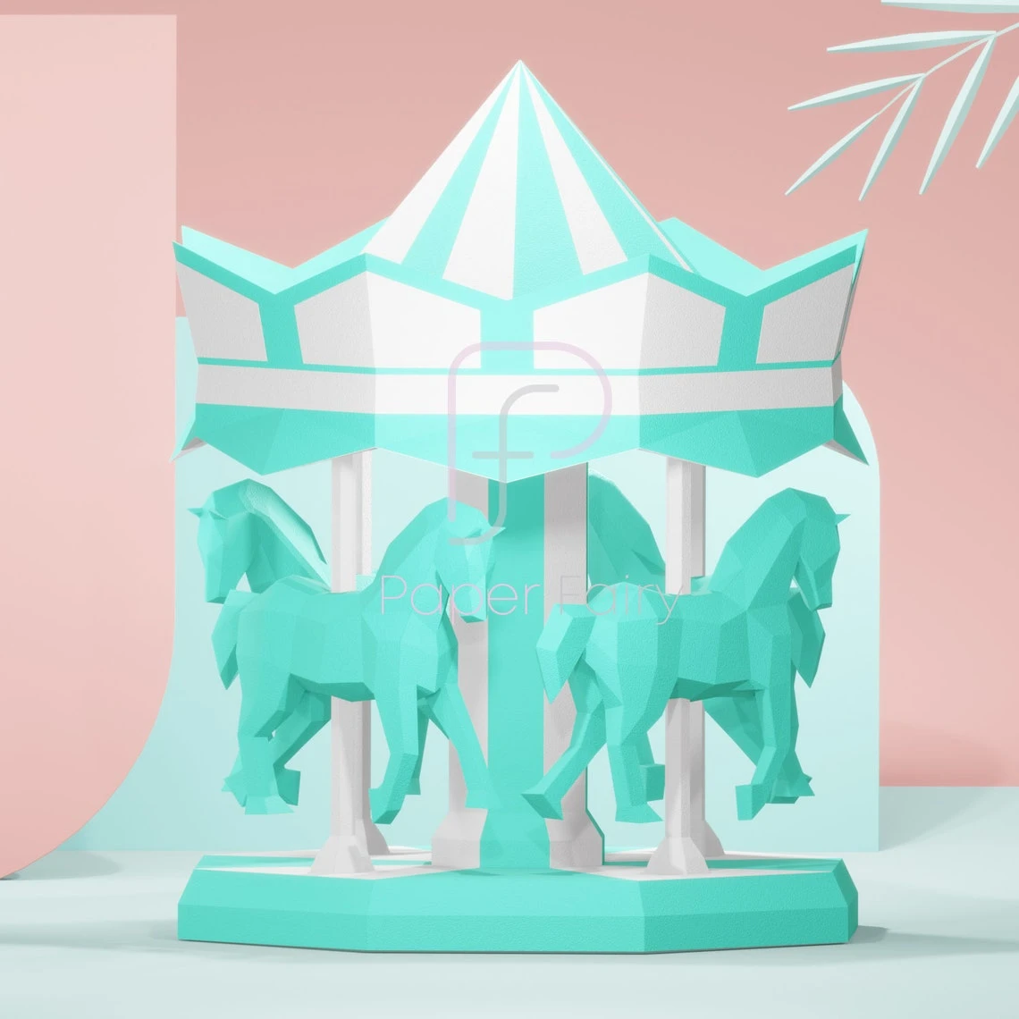 Carousel with horses papercraft,2 designs 3d sculpture,3D low poly modern paper art model statue decor