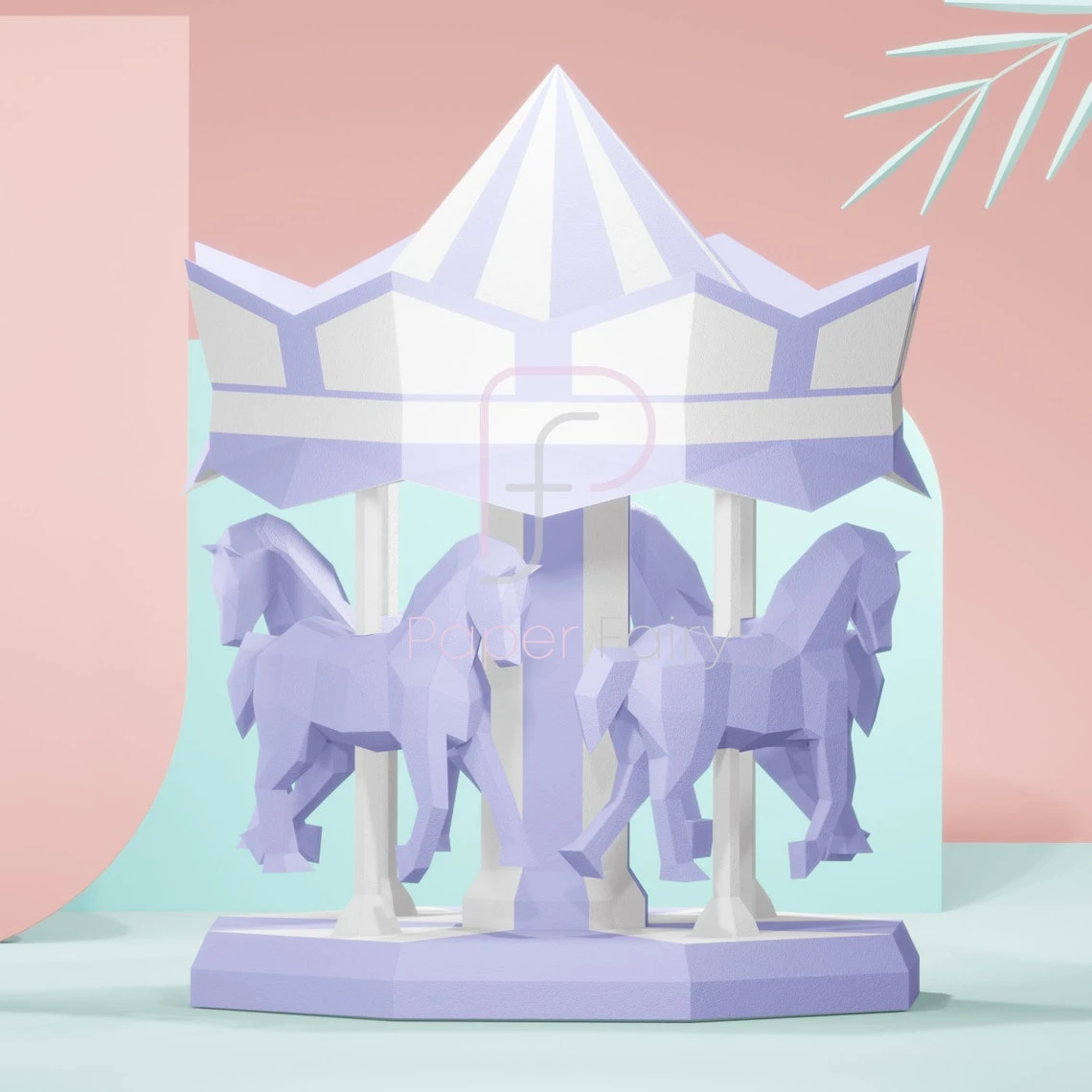 Carousel with horses papercraft,2 designs 3d sculpture,3D low poly modern paper art model statue decor