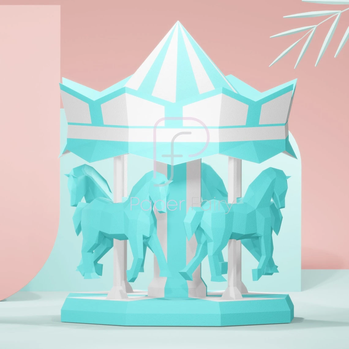 Carousel with horses papercraft,2 designs 3d sculpture,3D low poly modern paper art model statue decor