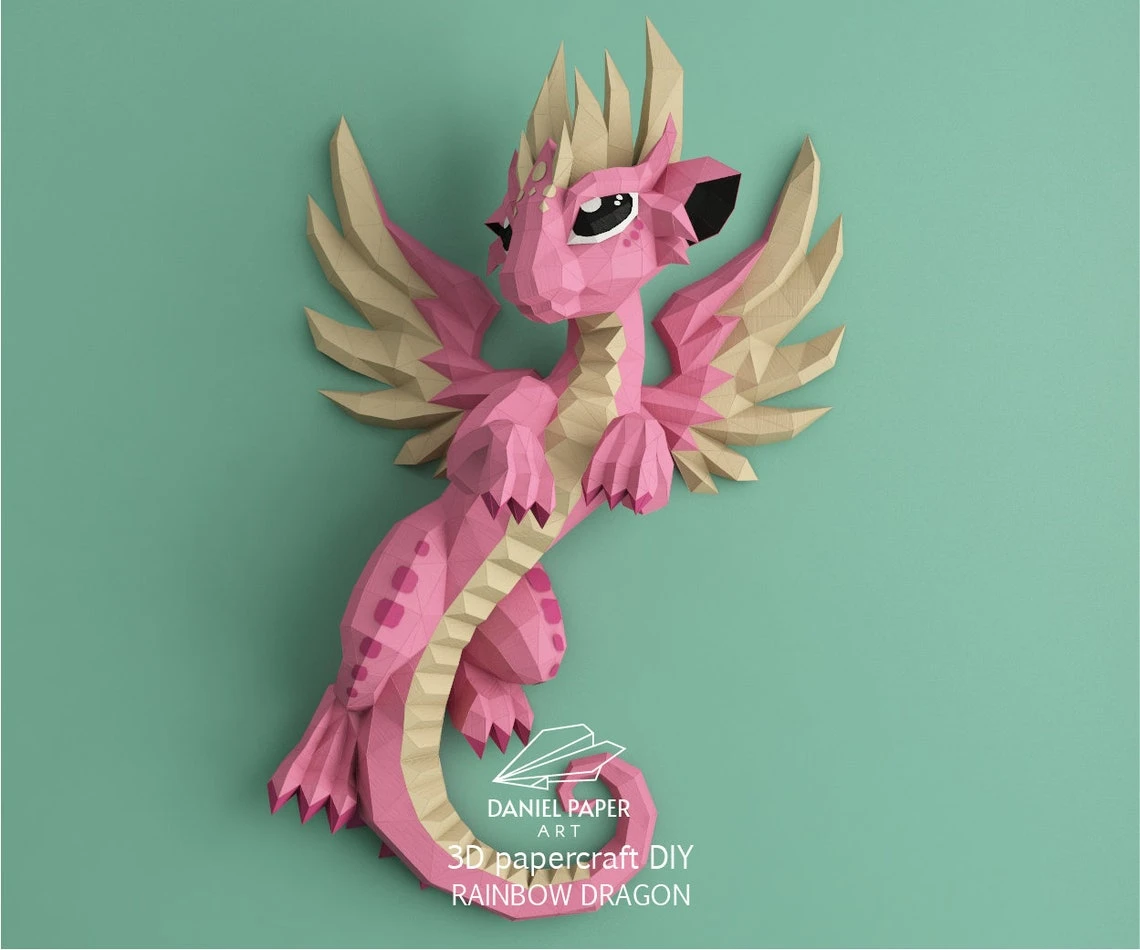 Rainbow Dragon PDF Template, DIY 3d Model, FanArt, Paper Sculpture, Low Poly, Pepakura, Craft, Manualidad, Paper Art