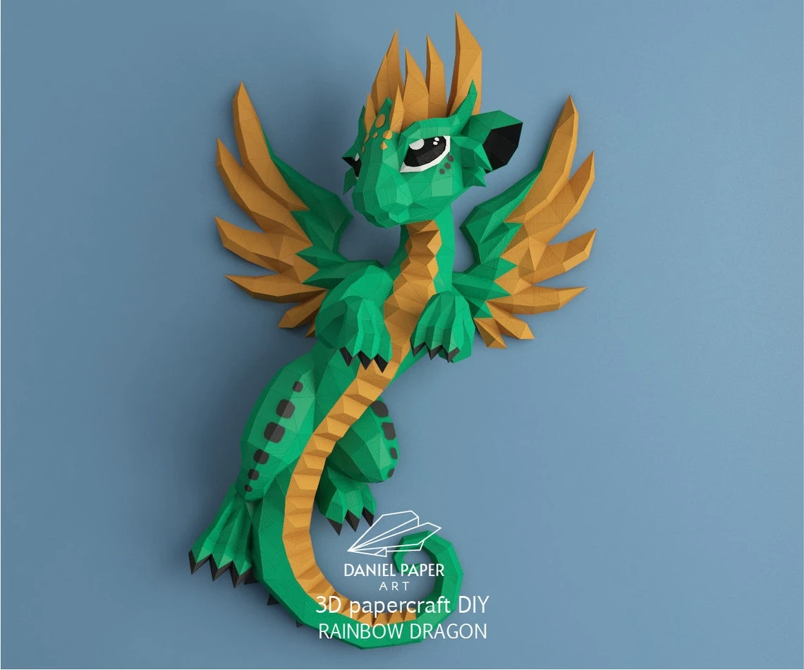 Rainbow Dragon PDF Template, DIY 3d Model, FanArt, Paper Sculpture, Low Poly, Pepakura, Craft, Manualidad, Paper Art