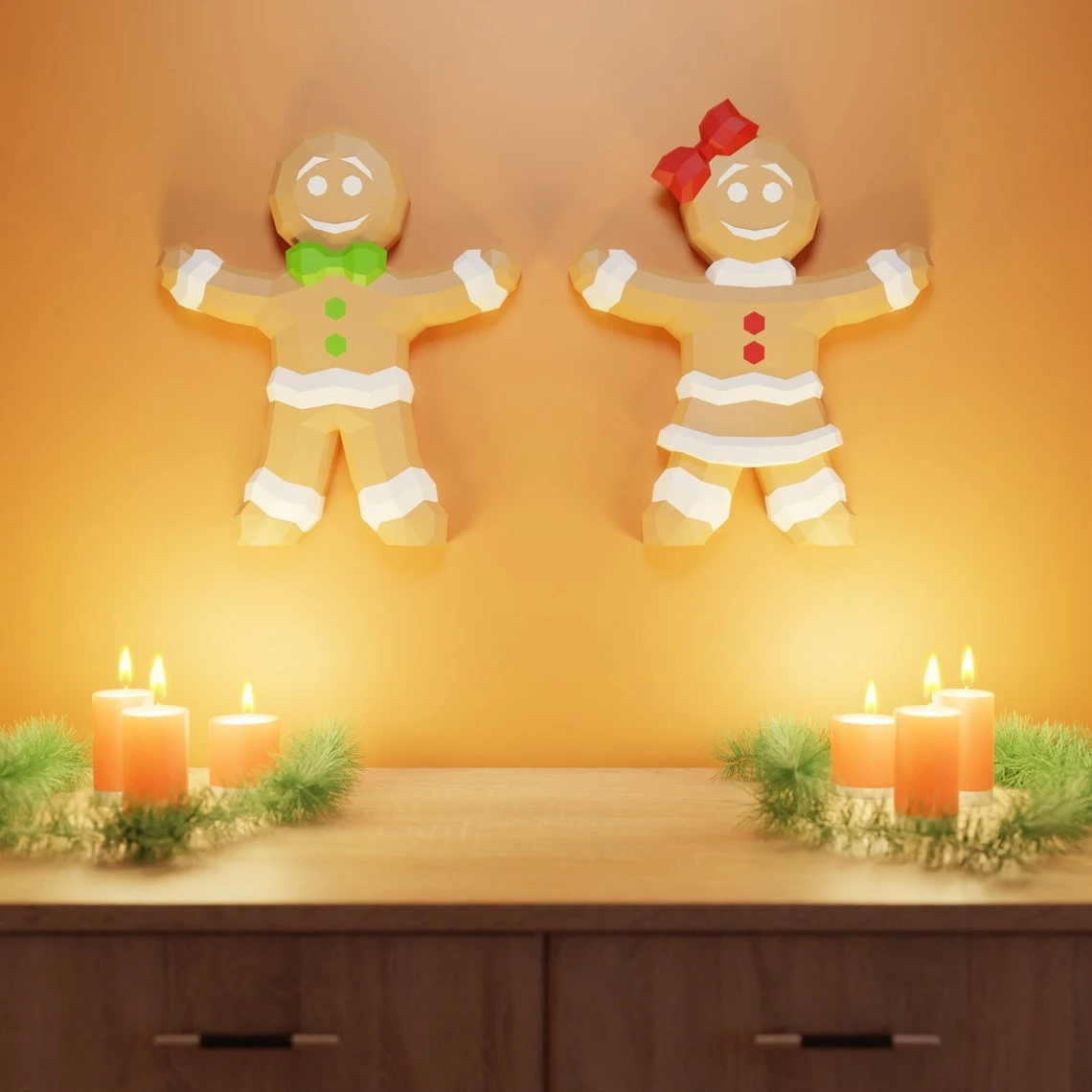 Gingerbread Man and Woman Papercraft 3D DIY low poly paper craft Christmas Holiday decor template