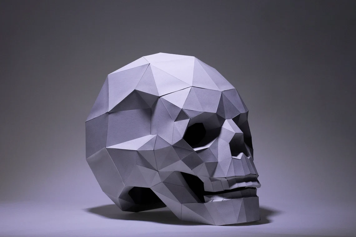 Skull Paper craft, Skull pot Halloween, Realistic Low poly, 3D Polygon sculpture,download and make your own Real size paper skull