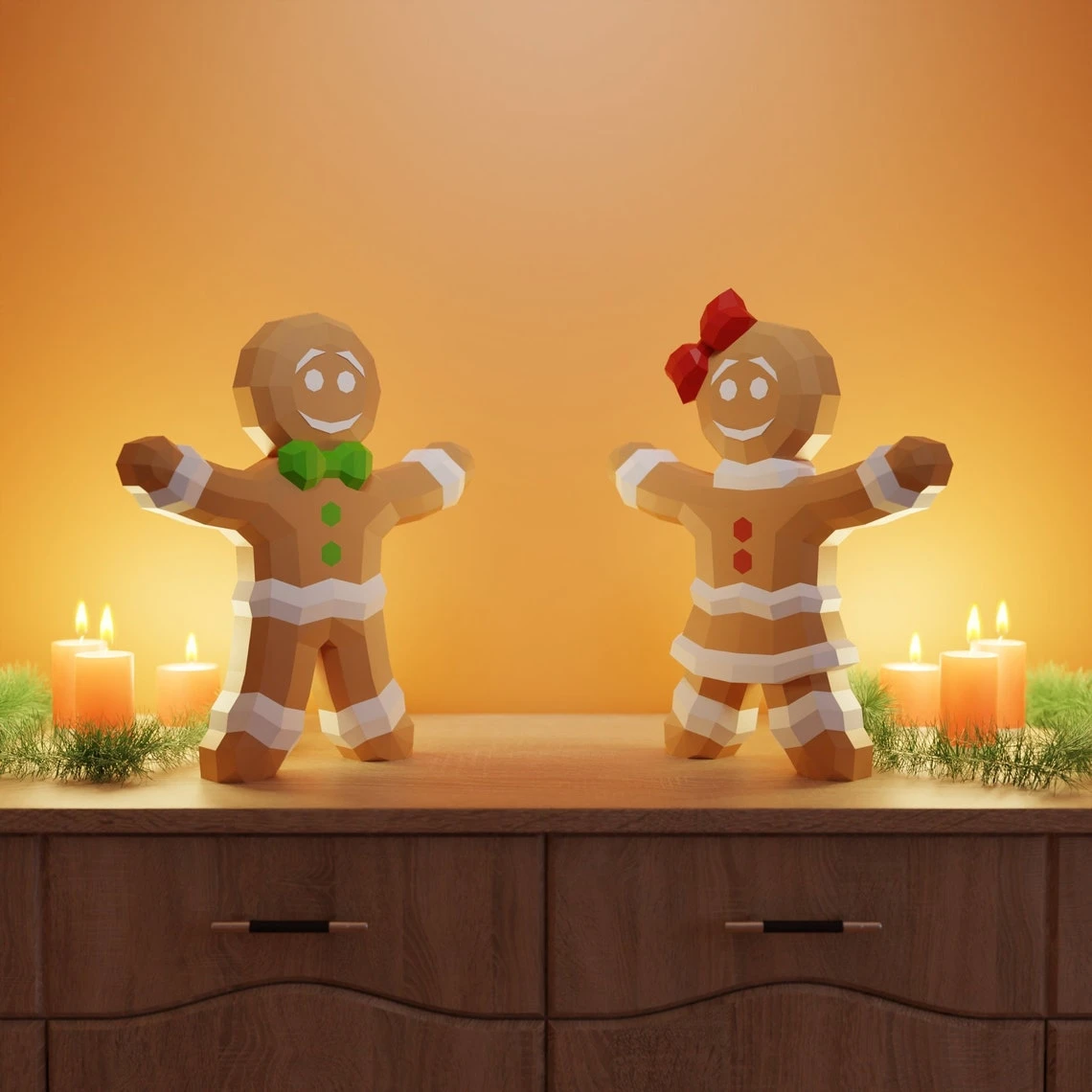 Gingerbread Man and Woman Papercraft 3D DIY low poly paper craft Christmas Holiday decor template