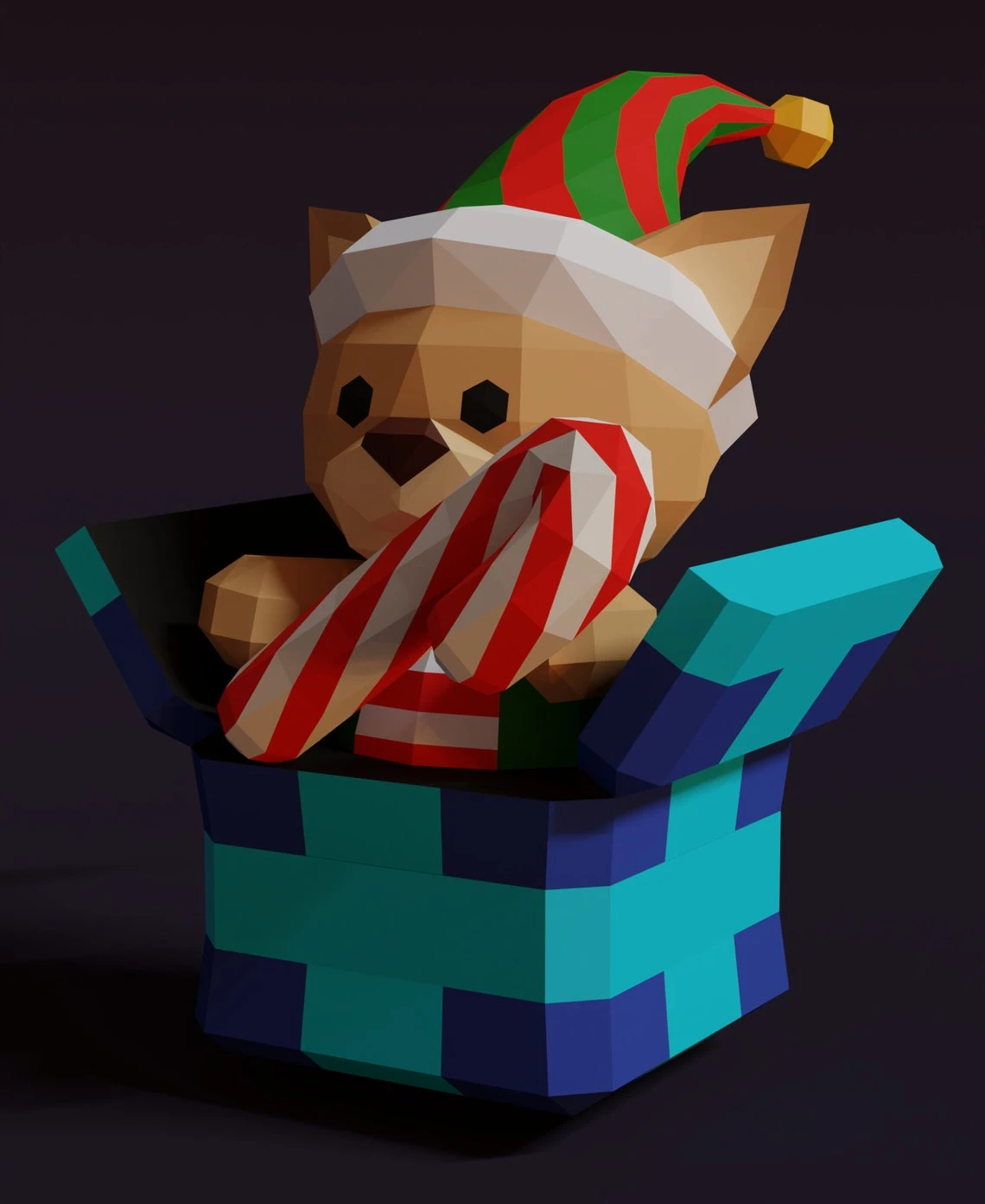 ELF TEDDY BOX, bear, Papercraft, Template, DIY, Paper, Low Poly, Holiday, 3D Model, Pdf Low Poply, december, merry, Xmas, Santa