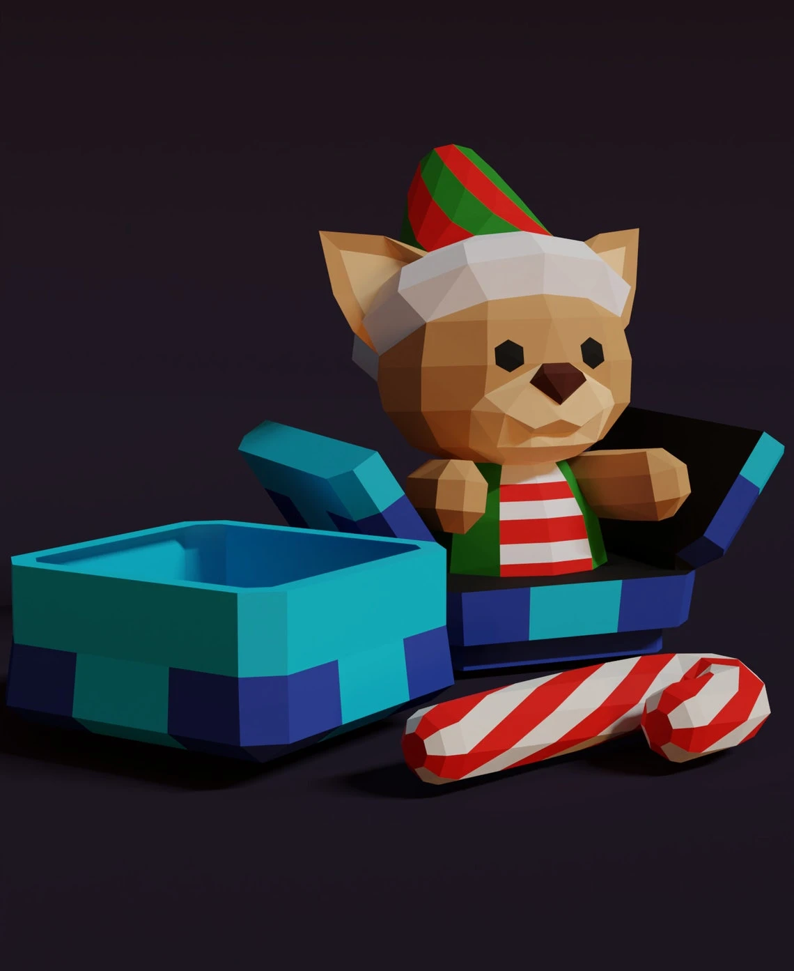 ELF TEDDY BOX, bear, Papercraft, Template, DIY, Paper, Low Poly, Holiday, 3D Model, Pdf Low Poply, december, merry, Xmas, Santa