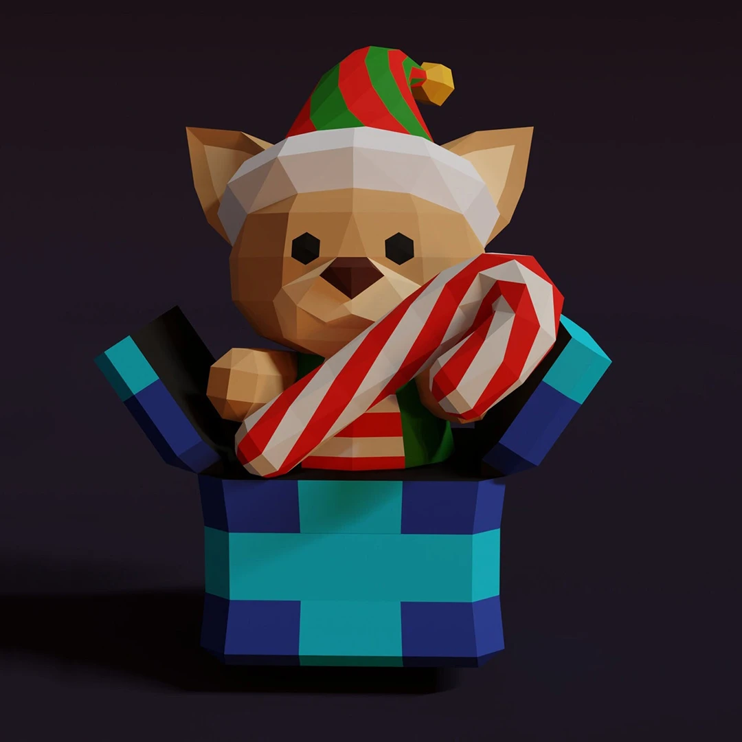 ELF TEDDY BOX, bear, Papercraft, Template, DIY, Paper, Low Poly, Holiday, 3D Model, Pdf Low Poply, december, merry, Xmas, Santa