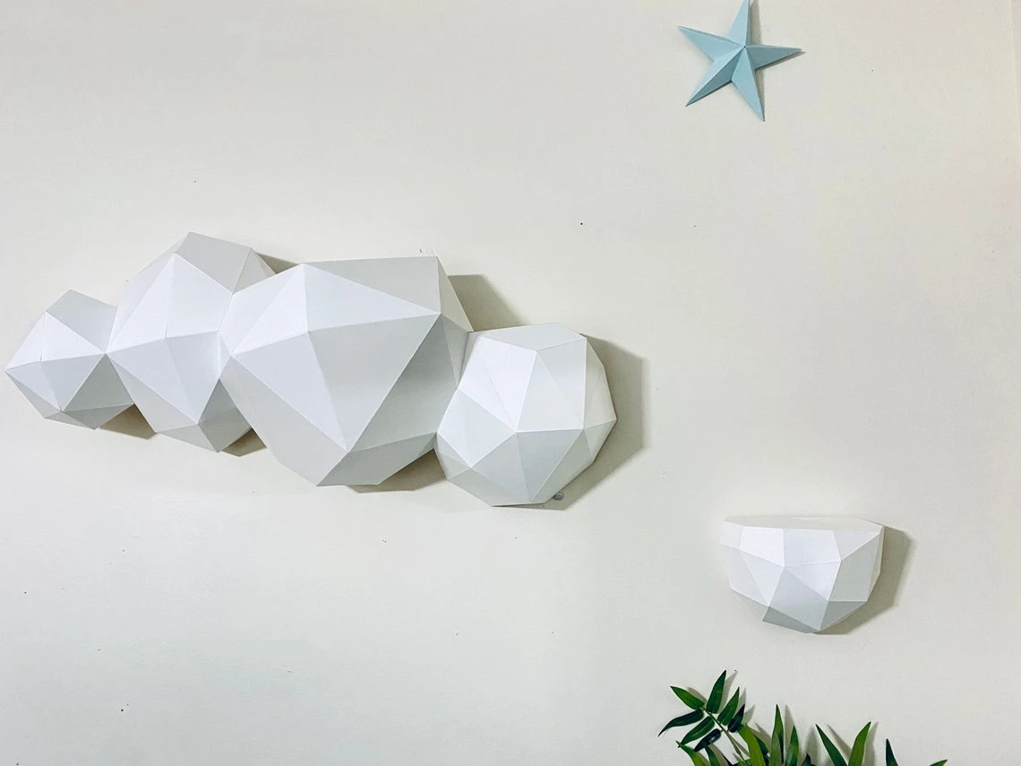 Cloud Shelves 3d papercraft model. You get PDF digital file templates and instructions for these DIY modern paper sculpture.