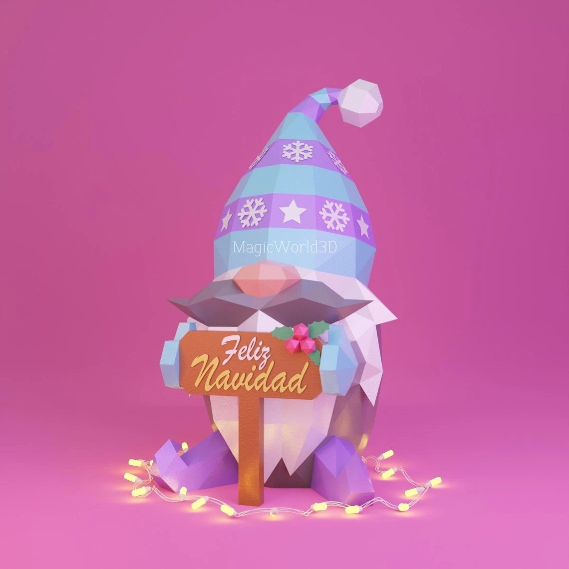 Gnome with Christmas Low Poly, Papercraft, PDF template, Paper model, Sculpture, 3D puzzle, Polygonal model, Lowpoly