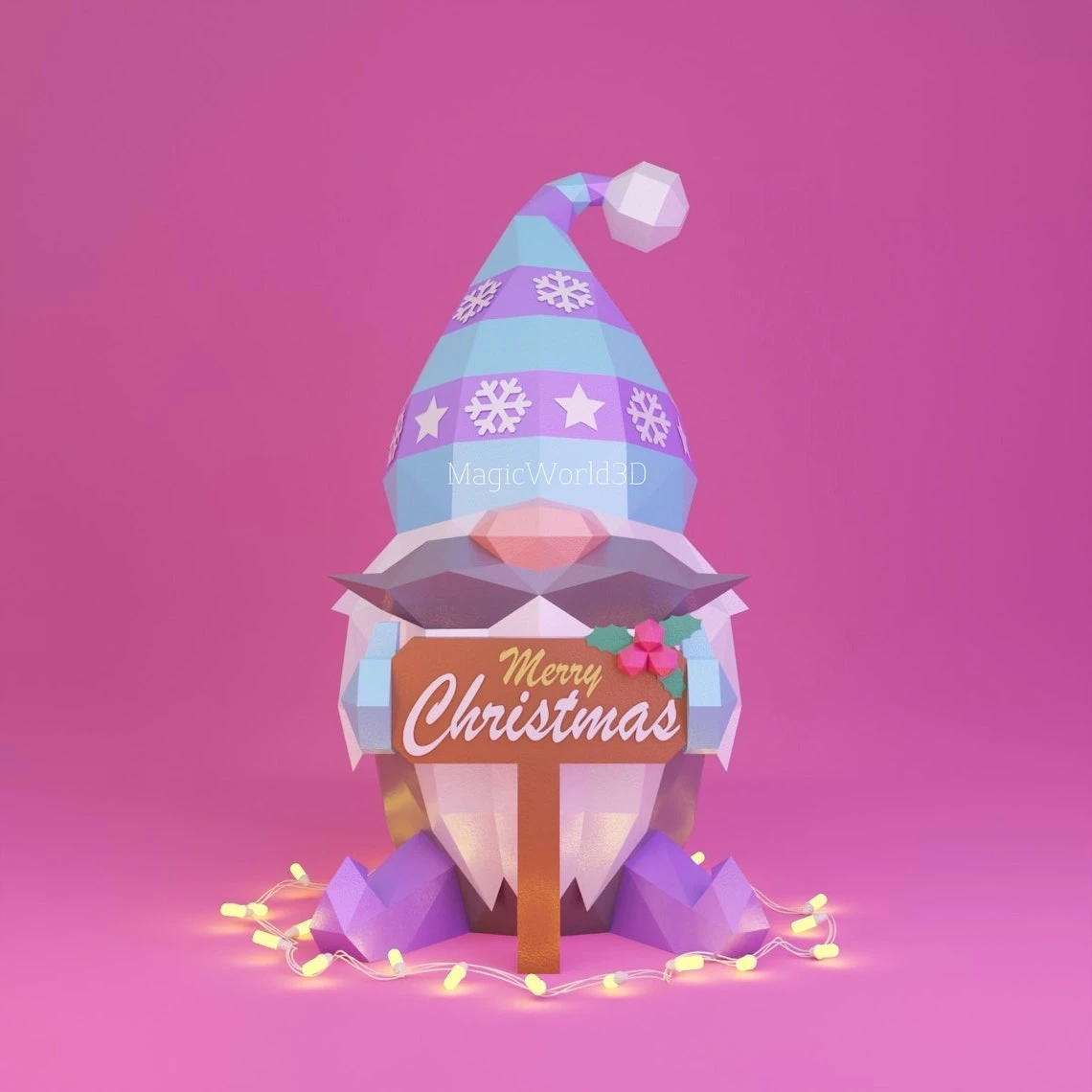 Gnome with Christmas Low Poly, Papercraft, PDF template, Paper model, Sculpture, 3D puzzle, Polygonal model, Lowpoly