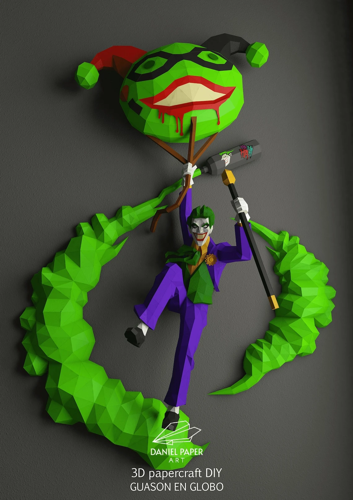 Joker in Balloon PDF Template, DIY 3d Model, FanArt, Paper Sculpture, Low Poly, Pepakura, Craft, Manualidad, Paper Art