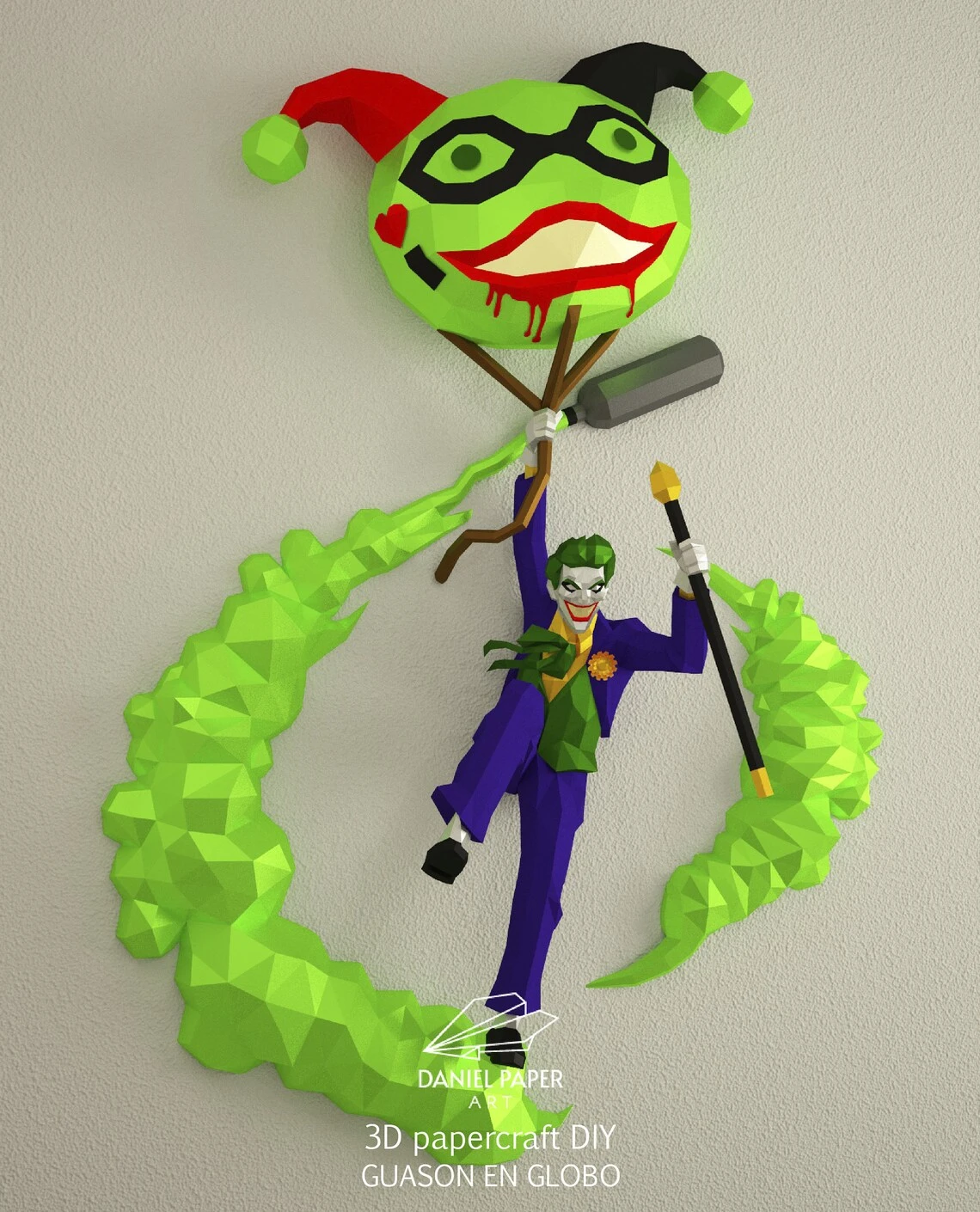 Joker in Balloon PDF Template, DIY 3d Model, FanArt, Paper Sculpture, Low Poly, Pepakura, Craft, Manualidad, Paper Art