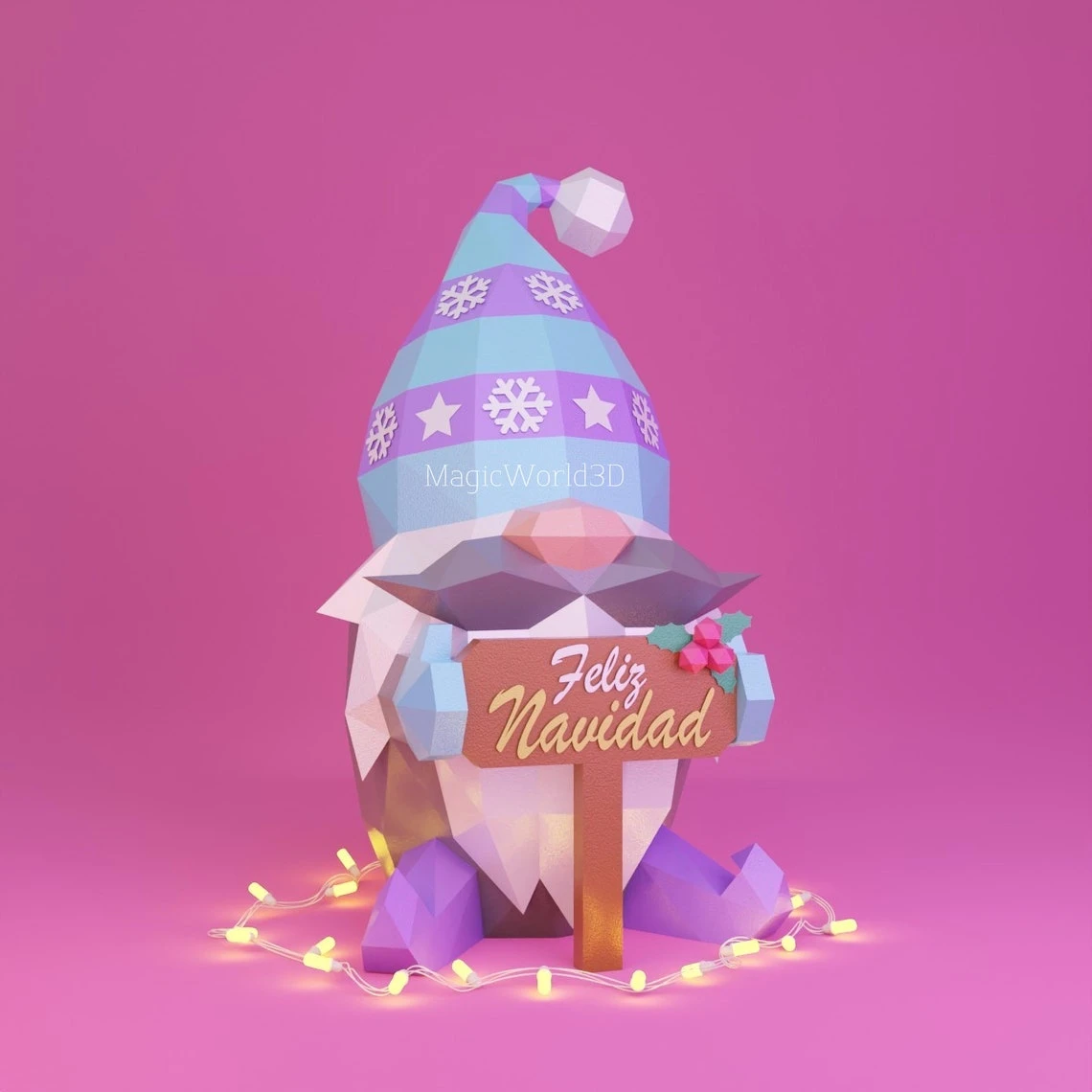 Gnome with Christmas Low Poly, Papercraft, PDF template, Paper model, Sculpture, 3D puzzle, Polygonal model, Lowpoly