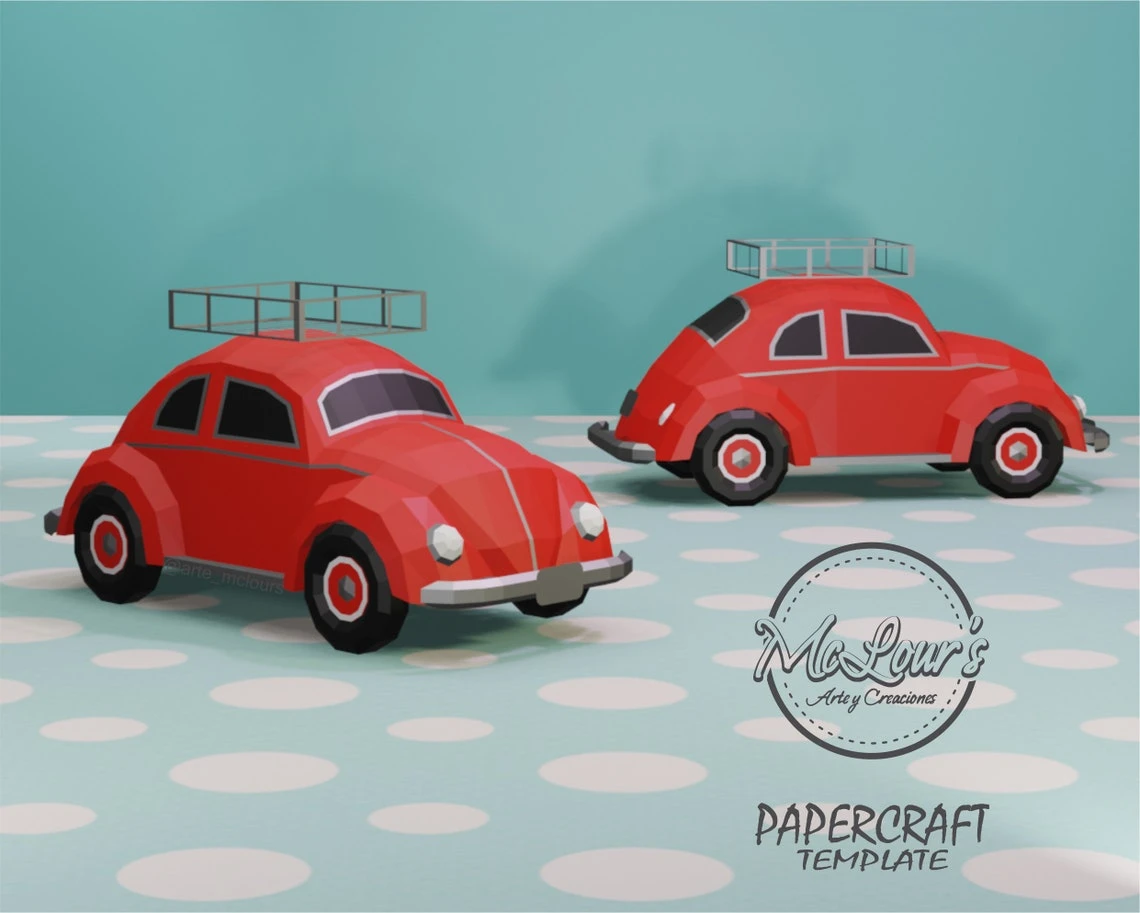 Beetle Car/ Vintage Car/ Coche Vintage/ Love/ DiY Craft/ Template PDF/ Low Poly/ Papercraft/ 3D Vehicle/ Origami/ Home decor