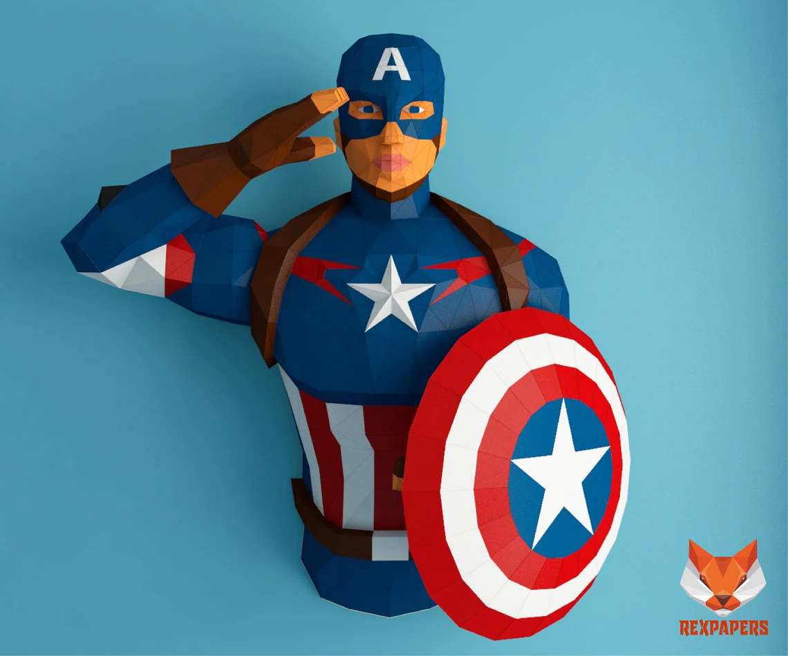 Captain America Papercraft, PDF Template, DIY 3d Model, FanArt, Paper Sculpture, Low Poly, Pepakura Craft, Manualidad