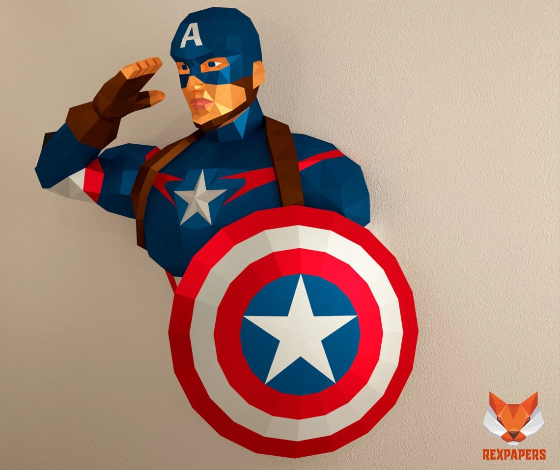 Captain America Papercraft, PDF Template, DIY 3d Model, FanArt, Paper Sculpture, Low Poly, Pepakura Craft, Manualidad