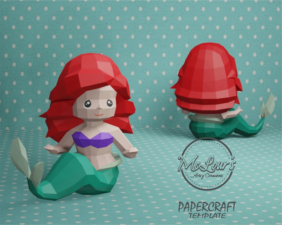 Princess Ariel/ The Little Mermaid/ DiY Craft/ Template PDF/ Low Poly/ Papercraft/ 3D Doll/ Origami/ Home decor