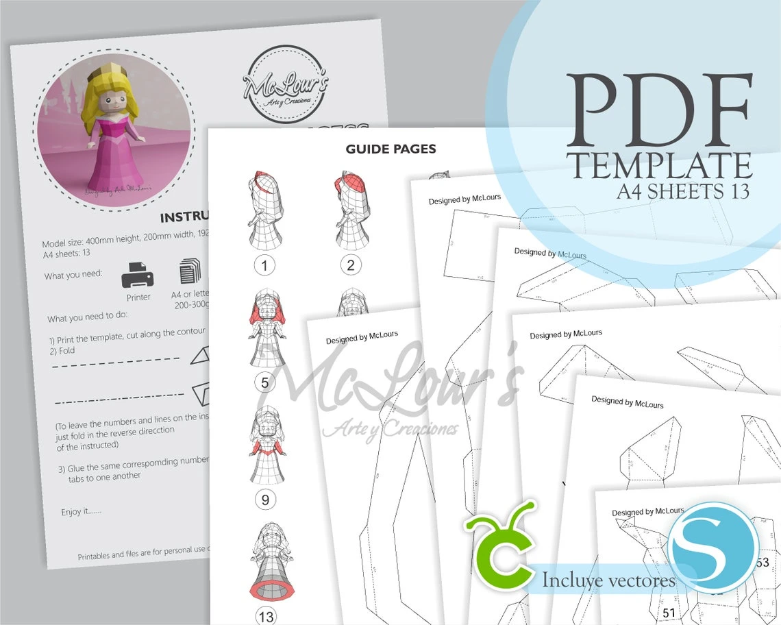 Princess Aurora/ Sleeping Beauty/ DiY Craft/ Template PDF/ Low Poly/ Papercraft/ 3D Doll/ Origami/ Home decor