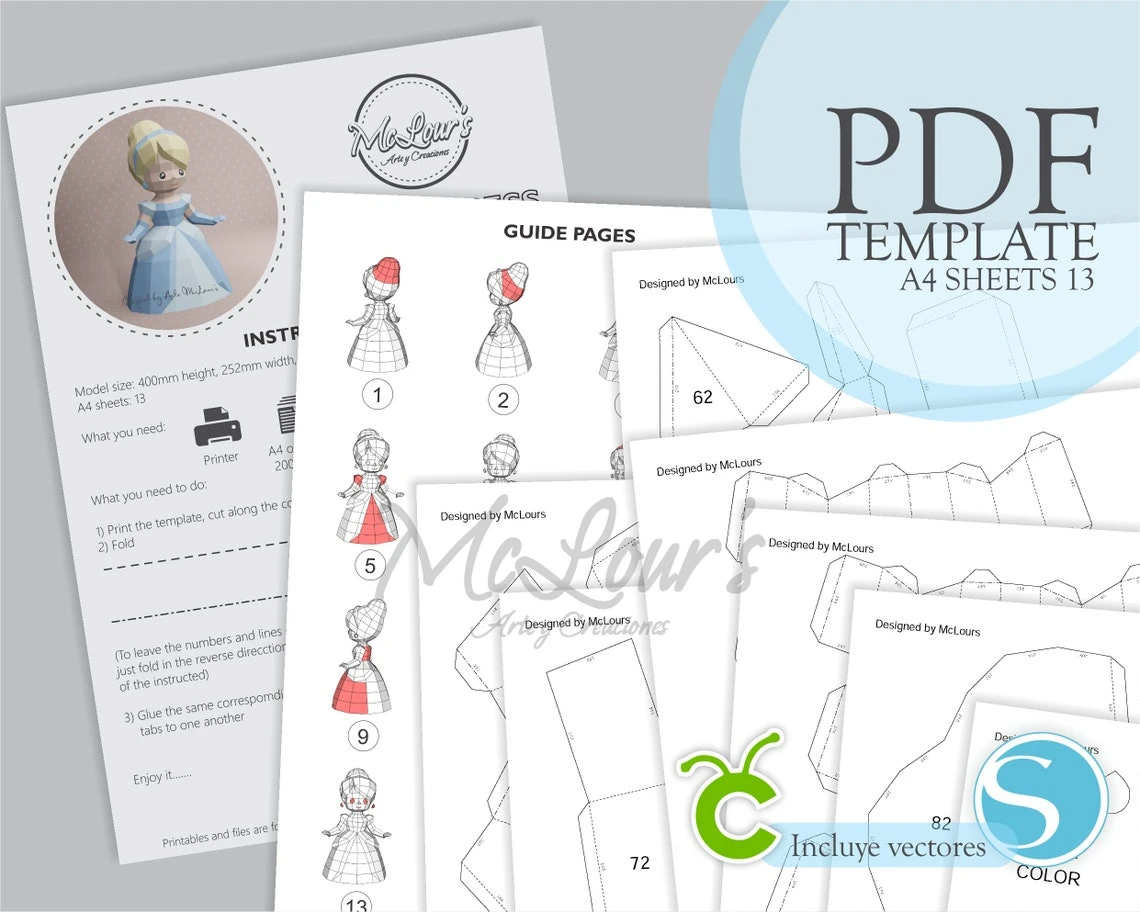 Princess Cinderella/ Cinderella/ DiY Craft/ Template PDF/ Low Poly/ Papercraft/ 3D Doll/ Origami/ Home decor