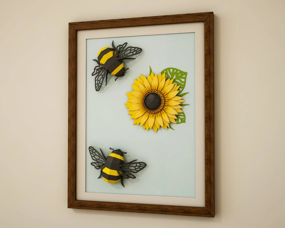 Bumblebee and Flower template, paper craft bee project, 3D model, cricut, diy sunflower for cutting machine, paper cut art