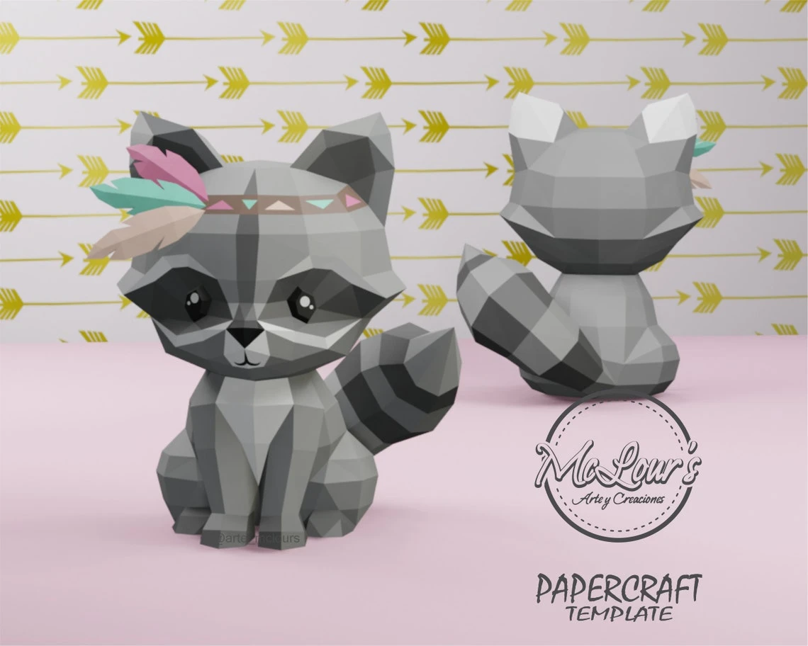 Sitting Raccoon/ Boho/ DiY Craft/ Template PDF/ Low Poly/ Papercraft Raccoon/ 3D Mapache/ Origami/ Home decor