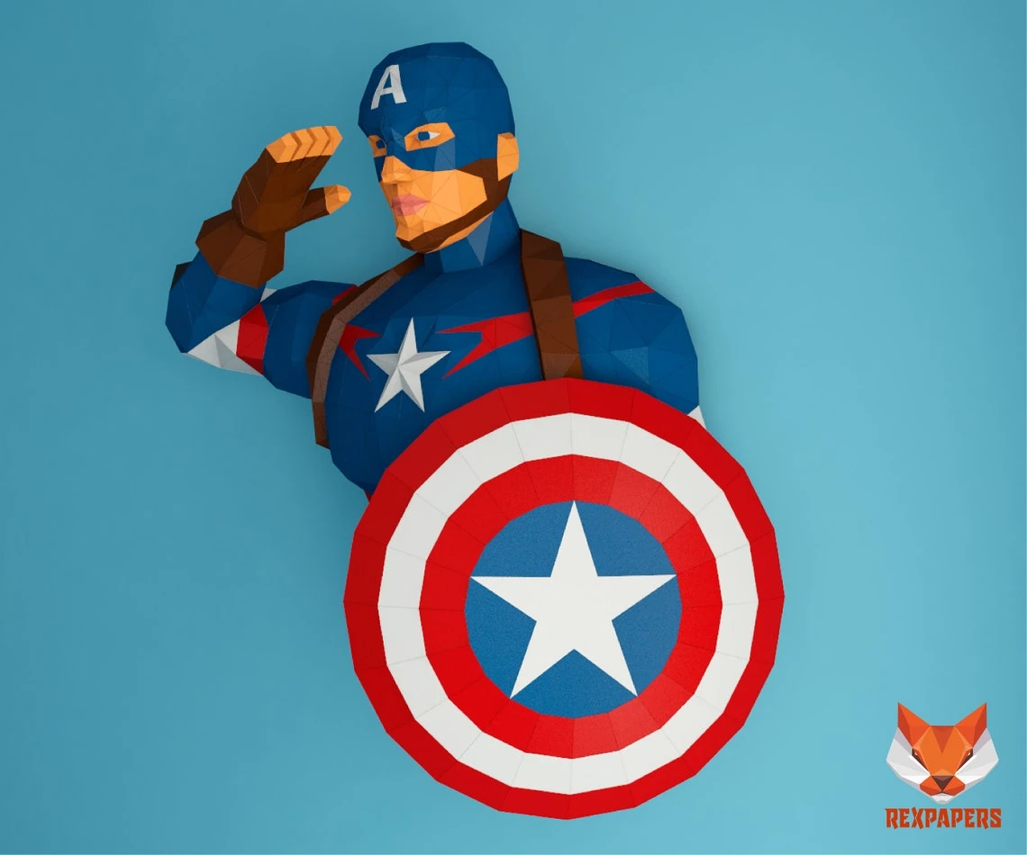 Captain America Papercraft, PDF Template, DIY 3d Model, FanArt, Paper Sculpture, Low Poly, Pepakura Craft, Manualidad