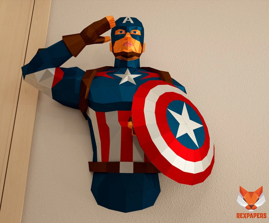 Captain America Papercraft, PDF Template, DIY 3d Model, FanArt, Paper Sculpture, Low Poly, Pepakura Craft, Manualidad