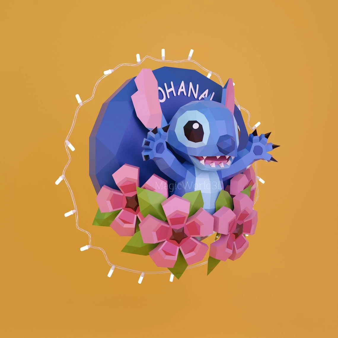 Stitch with Flowers Low Poly, Papercraft, PDF template, Paper model, Sculpture, 3D puzzle, Polygonal model, Lowpoly