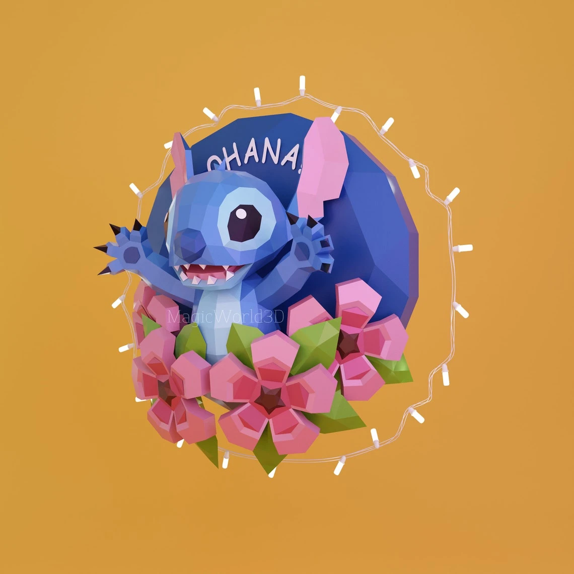 Stitch with Flowers Low Poly, Papercraft, PDF template, Paper model, Sculpture, 3D puzzle, Polygonal model, Lowpoly