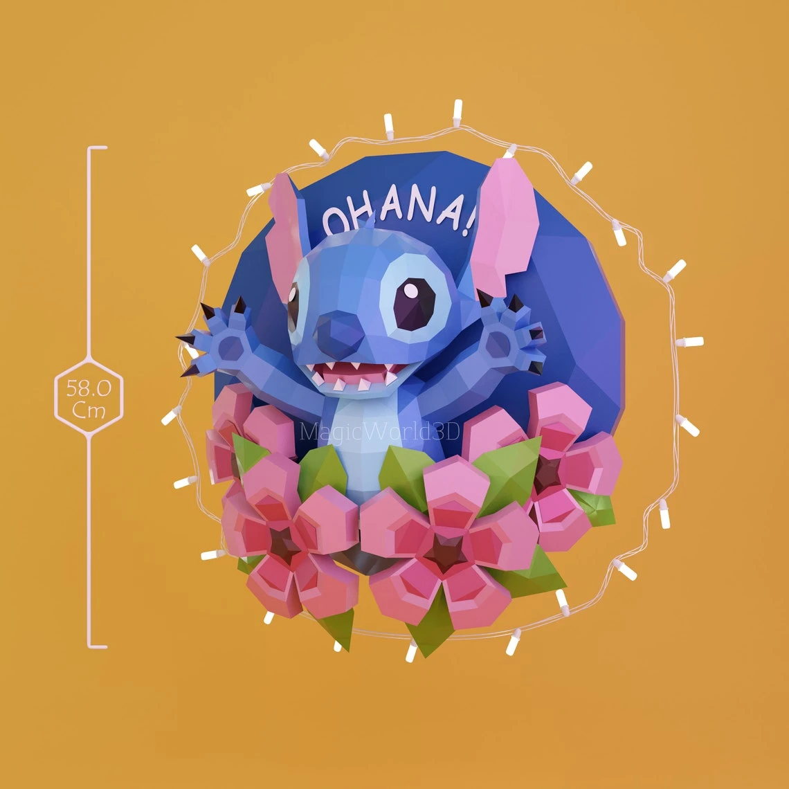 Stitch with Flowers Low Poly, Papercraft, PDF template, Paper model, Sculpture, 3D puzzle, Polygonal model, Lowpoly