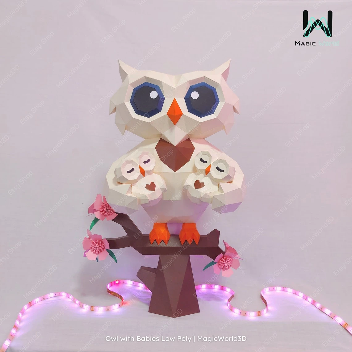 Owl with Babies Low Poly, Papercraft, PDF template, Paper model, Sculpture, 3D puzzle, Polygonal model, Lowpoly