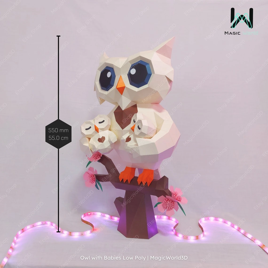 Owl with Babies Low Poly, Papercraft, PDF template, Paper model, Sculpture, 3D puzzle, Polygonal model, Lowpoly