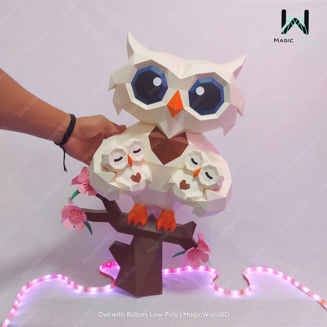 Owl with Babies Low Poly, Papercraft, PDF template, Paper model, Sculpture, 3D puzzle, Polygonal model, Lowpoly